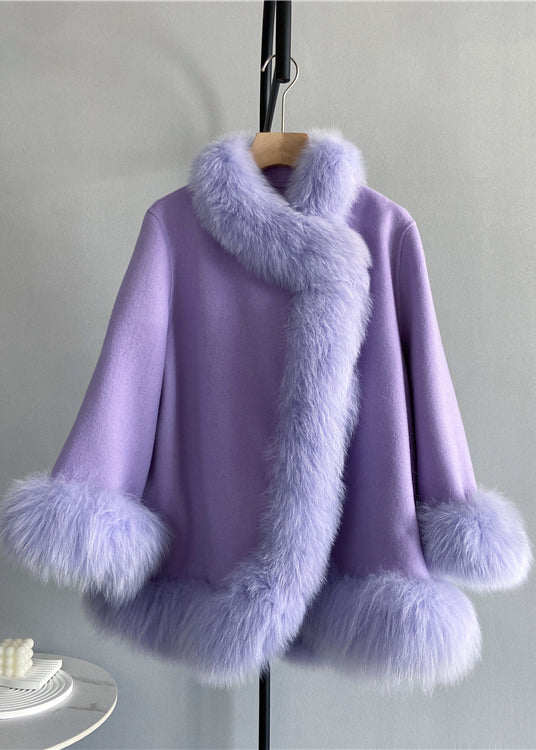 Italian Pink Fox Collar Patchwork Wool Coat Winter