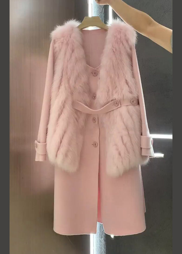 Italian Pink Fuzzy Fur Fluffy Waistcoat And Coat Woolen Sets 2 Pieces Winter
