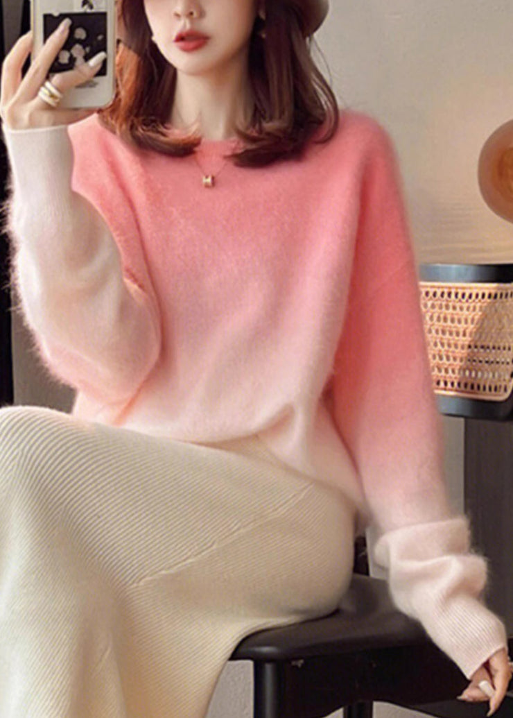 Italian Pink Gradient Color O Neck Cozy Knit Sweaters Long Sleeve