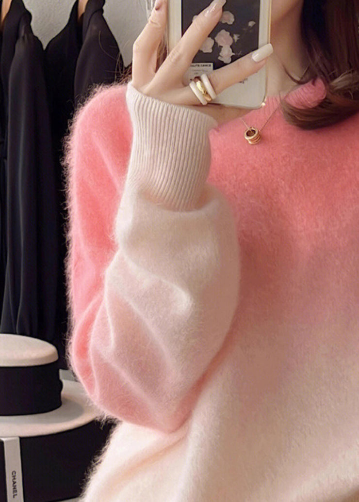 Italian Pink Gradient Color O Neck Cozy Knit Sweaters Long Sleeve