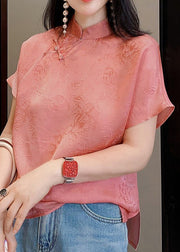 Italian Pink Jacquard Side Open Patchwork Silk Shirt Top Summer