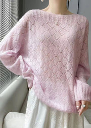 Italian Pink O Neck Hollow Out Cozy Knit Sweaters Spring