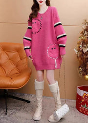 Italian Pink O-Neck Oversized Jacquard Knit Sweater Dress Winter