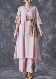 Italian Pink Oversized Print Linen Dress And Pants Women Sets 2 Pieces Summer