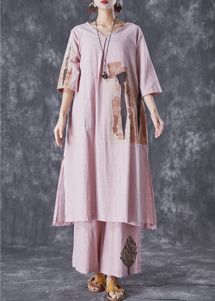 Italian Pink Oversized Print Linen Dress And Pants Women Sets 2 Pieces Summer