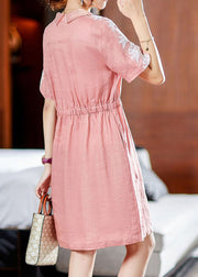 Italian Pink Peter Pan Collar Lace Patchwork Cotton Mid Dress Summer