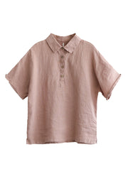 Italian Pink Peter Pan Collar Patchwork Button Solid Linen Top Short Sleeve