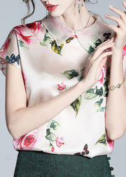 Italian Pink Peter Pan Collar Print Silk Tops Short Sleeve