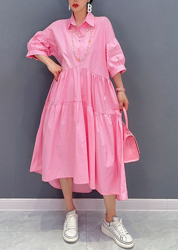 Italian Pink Peter Pan Collar Wrinkled Patchwork Cotton Shirts Dress Summer