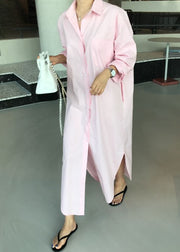 Italian Pink Peter Pan Collar side open Cotton Long shirts Dresses Spring