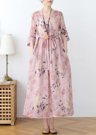 Italian Pink Print Cotton Orientaltie waist Spring Dress - SooLinen