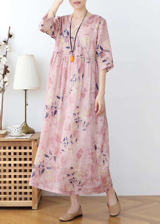 Italian Pink Print Cotton Orientaltie waist Spring Dress - SooLinen