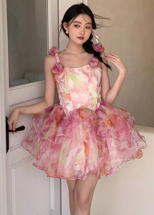 Italian Pink Print Floral Silk Mini Strap Dress Sleeveless