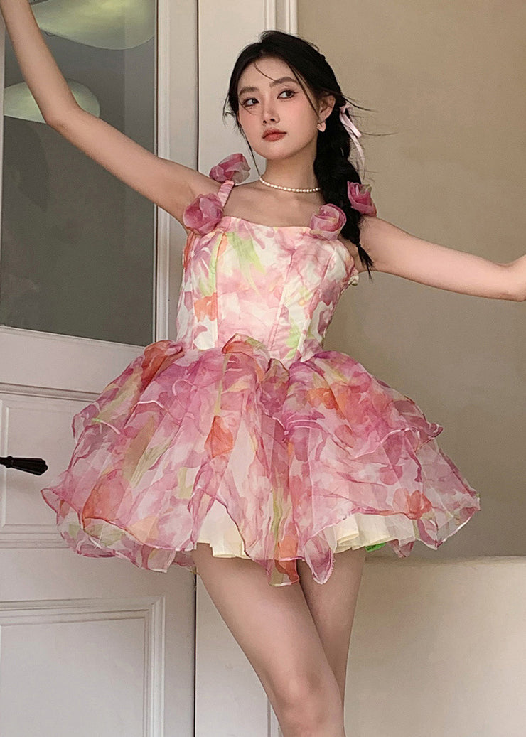 Italian Pink Print Floral Silk Mini Strap Dress Sleeveless
