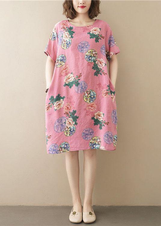 Italian Pink Print O-Neck Maxi Summer Cotton Dress - SooLinen