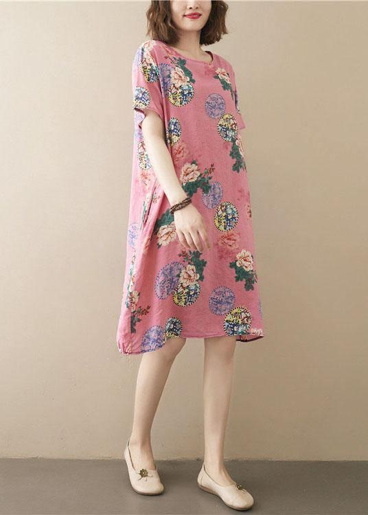 Italian Pink Print O-Neck Maxi Summer Cotton Dress - SooLinen