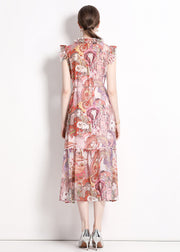 Italian Pink Print Ruffled Lace Up Patchwork Chiffon Long Dresses Summer
