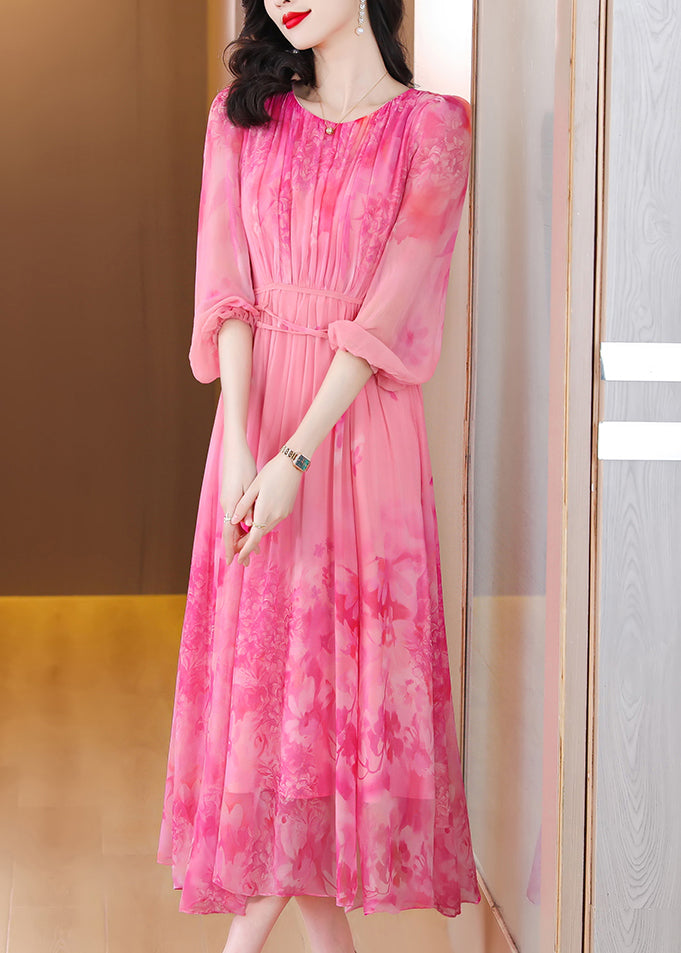Italian Pink Print Tie Waist Chiffon Long Dress Long Sleeve