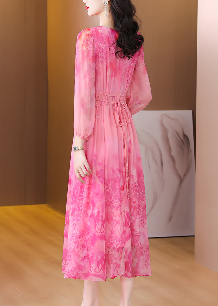 Italian Pink Print Tie Waist Chiffon Long Dress Long Sleeve