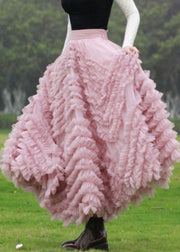 Italian Pink Ruffled High Waist Tulle Skirts Spring
