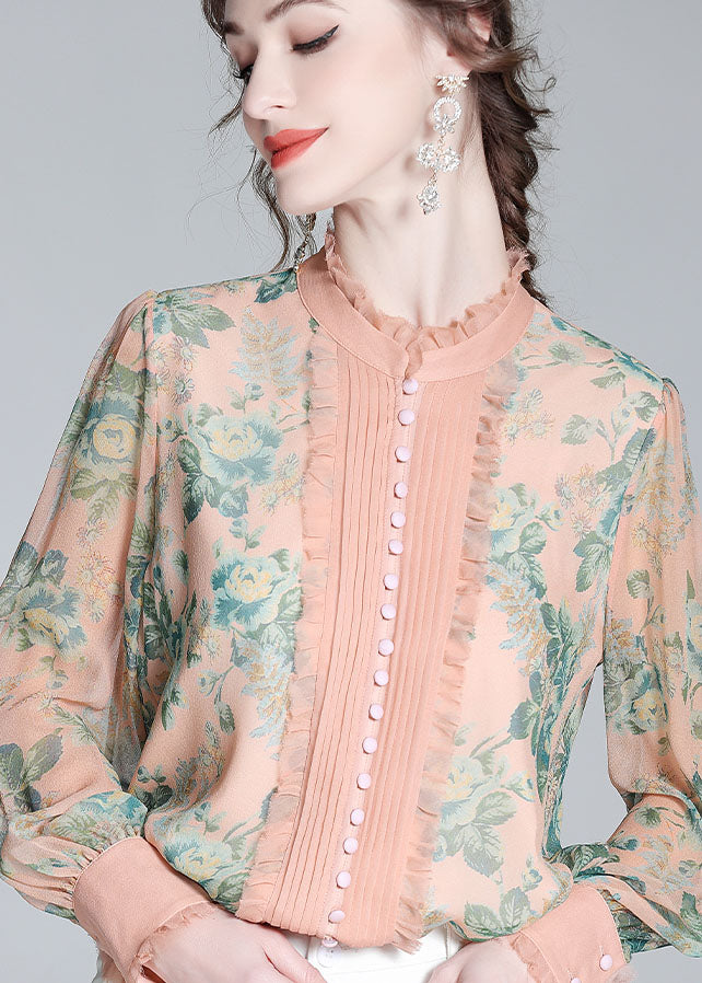 Italian Pink Ruffled Print Patchwork Silk Shirts Spring