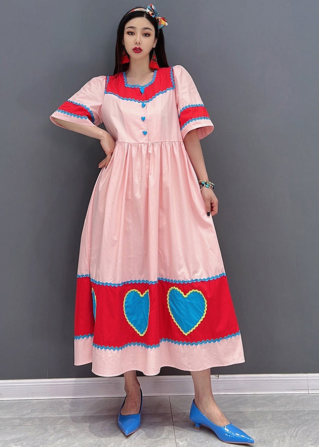 Italian Pink Square Collar Patchwork Exra Large Hem Cotton Pleated Dress Short Sleeve