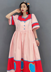 Italian Pink Square Collar Patchwork Exra Large Hem Cotton Pleated Dress Short Sleeve