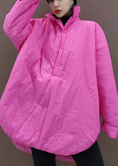 Italian Pink Tunic Top Stand Collar Low High Design Plus Size Clothing Spring Blouse - SooLinen