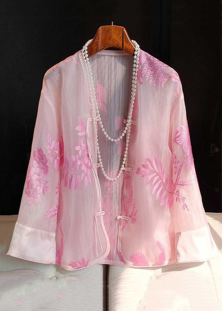 Italian Pink V Neck Embroideried Button Tulle Shirt Spring
