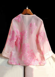 Italian Pink V Neck Embroideried Button Tulle Shirt Spring
