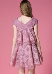 Italian Pink V Neck Floral Organza Vacation Dress Sleeveless