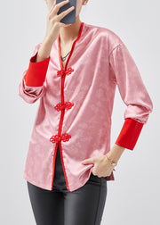Italian Pink V Neck Patchwork Chinese Button Silk Shirt Top Spring