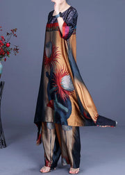 Italian Print Silk asymmetrical design Wide Leg Two Pieces Set - SooLinen