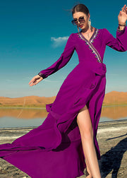 Italian Purple Asymmetrical Ruffled Patchwork Tassel Chiffon Maxi Dress Long Sleeve