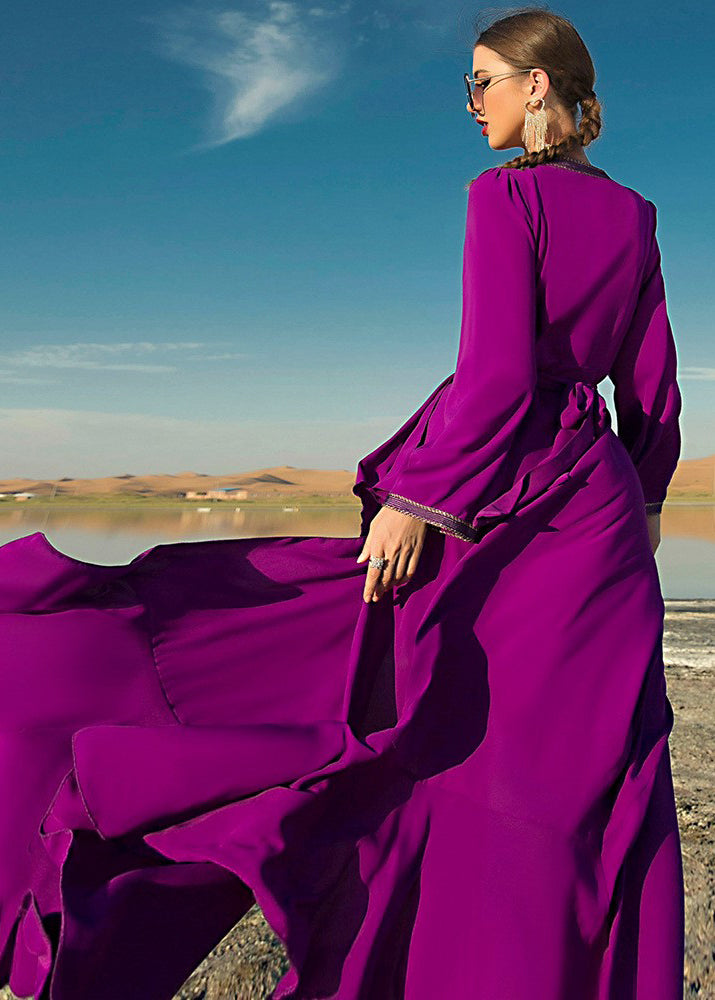 Italian Purple Asymmetrical Ruffled Patchwork Tassel Chiffon Maxi Dress Long Sleeve