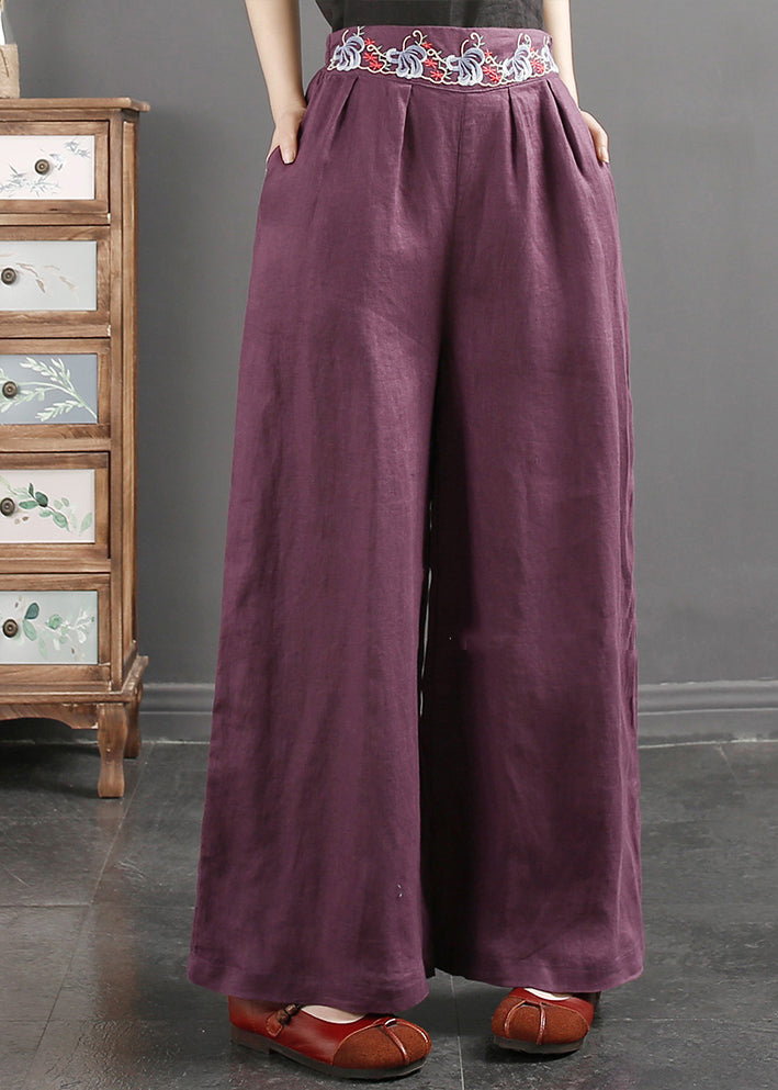 Italian Purple Embroidered Pockets Linen Straight Pants Spring