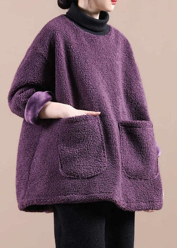 Italienisches Lila Kunstpelz Rollkragen Taschen Sweatshirts Top Winter