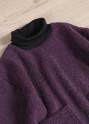 Italian Purple Faux Fur Turtle Neck Pockets Sweatshirts Top Winter