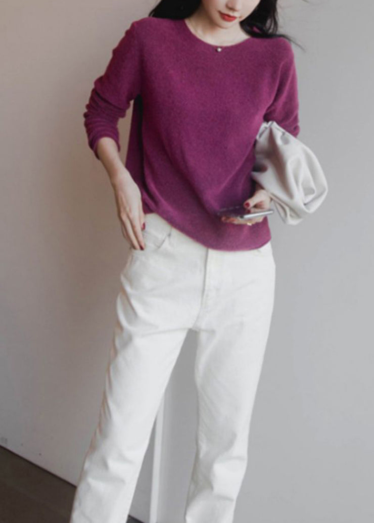 Italian Purple O Neck Patchwork Warm Knit Sweater Tops Fall