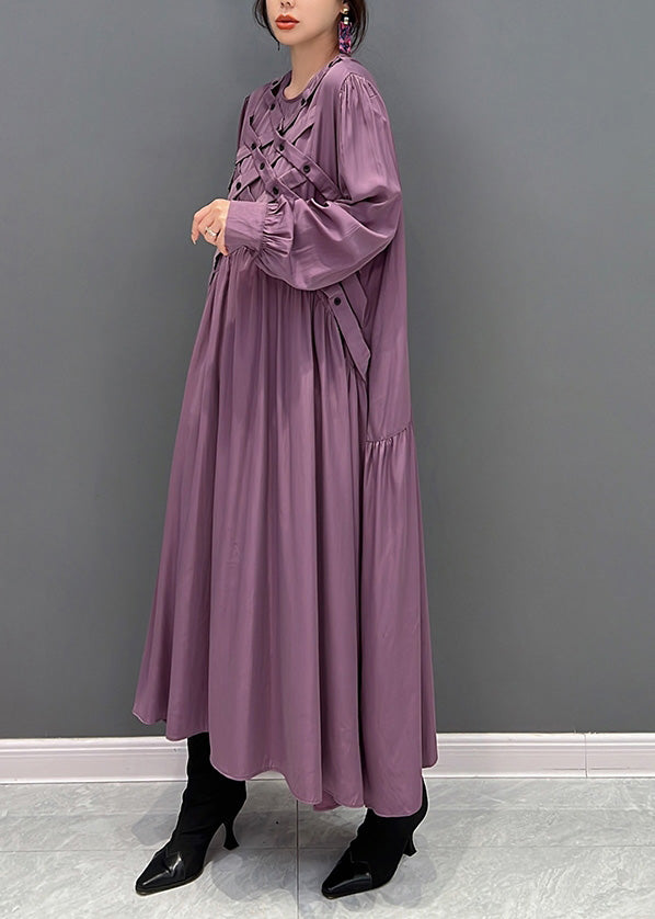 Italian Purple O-Neck Wrinkled Button Maxi Dresses Spring