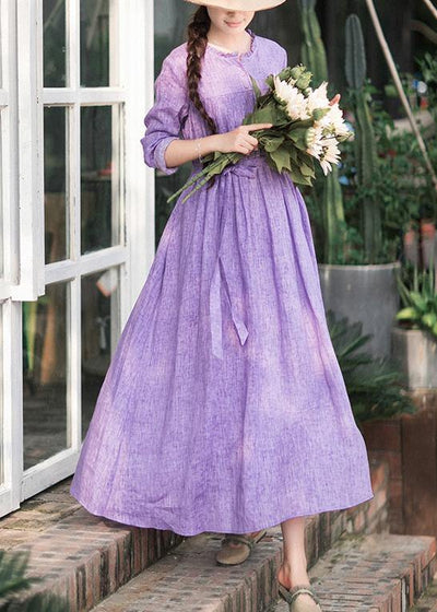 Italian Purple Outfit O Neck Tie Waist Dresses Spring Dresses - SooLinen