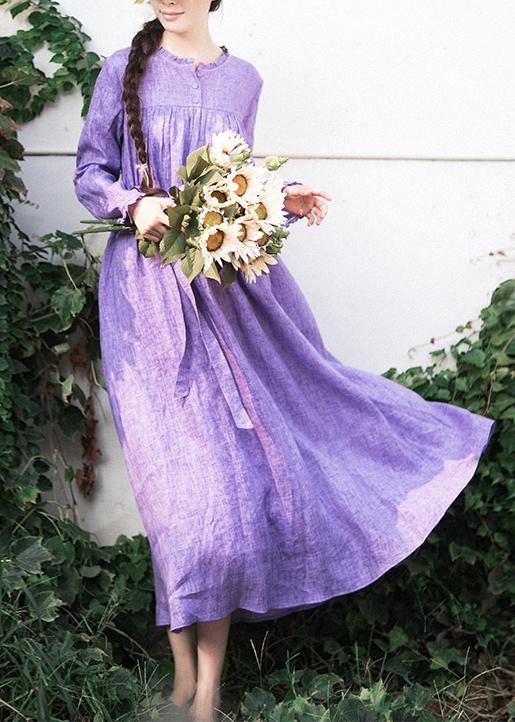 Italian Purple Outfit O Neck Tie Waist Dresses Spring Dresses - SooLinen