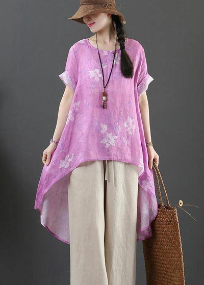 Italian Purple Print Linen Button Summer Shirt Top - SooLinen