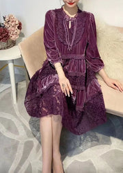 Italian Purple Ruffled Embroidered Patchwork Velour Dresses Fall