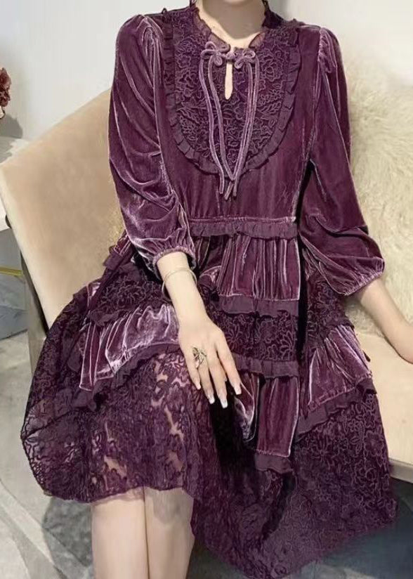 Italian Purple Ruffled Embroidered Patchwork Velour Dresses Fall