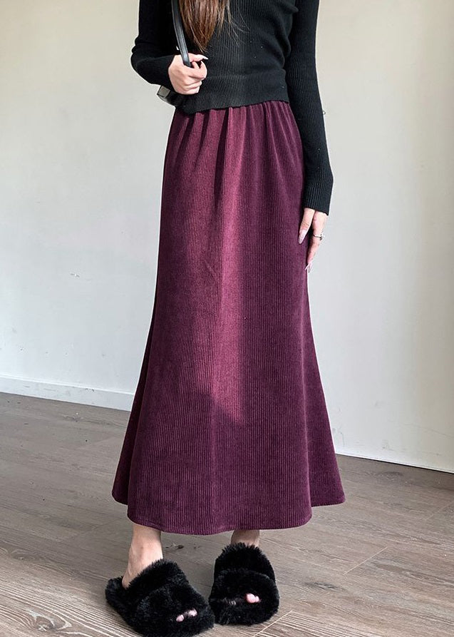 Italian Purple Solid Elastic Waist Corduroy Skirts Spring