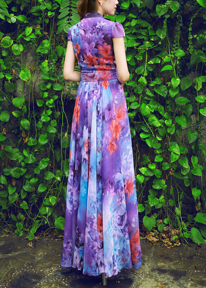 Italian Purple Stand Collar Print Chiffon Maxi Beach Dresses Summer