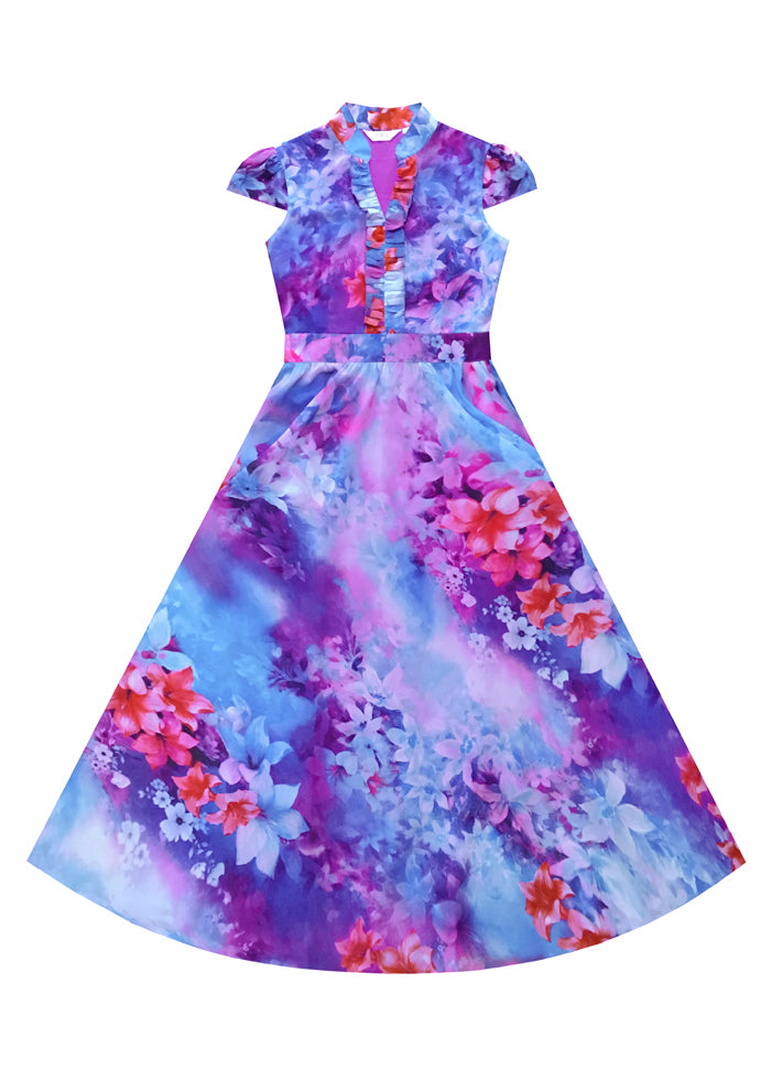 Italian Purple Stand Collar Print Chiffon Maxi Beach Dresses Summer