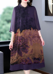 Italian Purple Stand Collar Tasseled Print Patchwork Silk Dress Summer