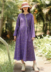Italian Purple V Neck Print Maxi Dresses Long Sleeve